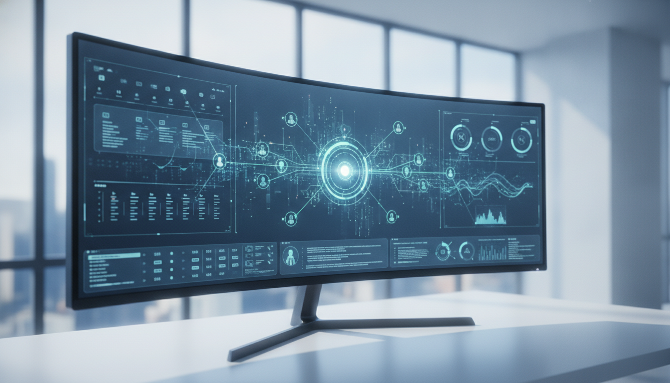 Tampilan antarmuka digital workspace yang rapi di monitor besar, melambangkan kolaborasi tim yang efisien dan aliran data yang terorganisir.