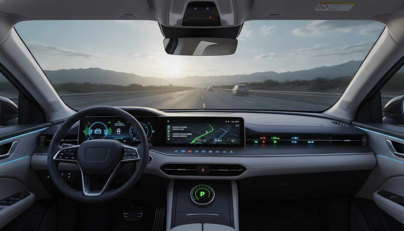 Dashboard mobil modern dengan lampu indikator ADAS yang menyala, menampilkan pemandangan jalan di depannya.