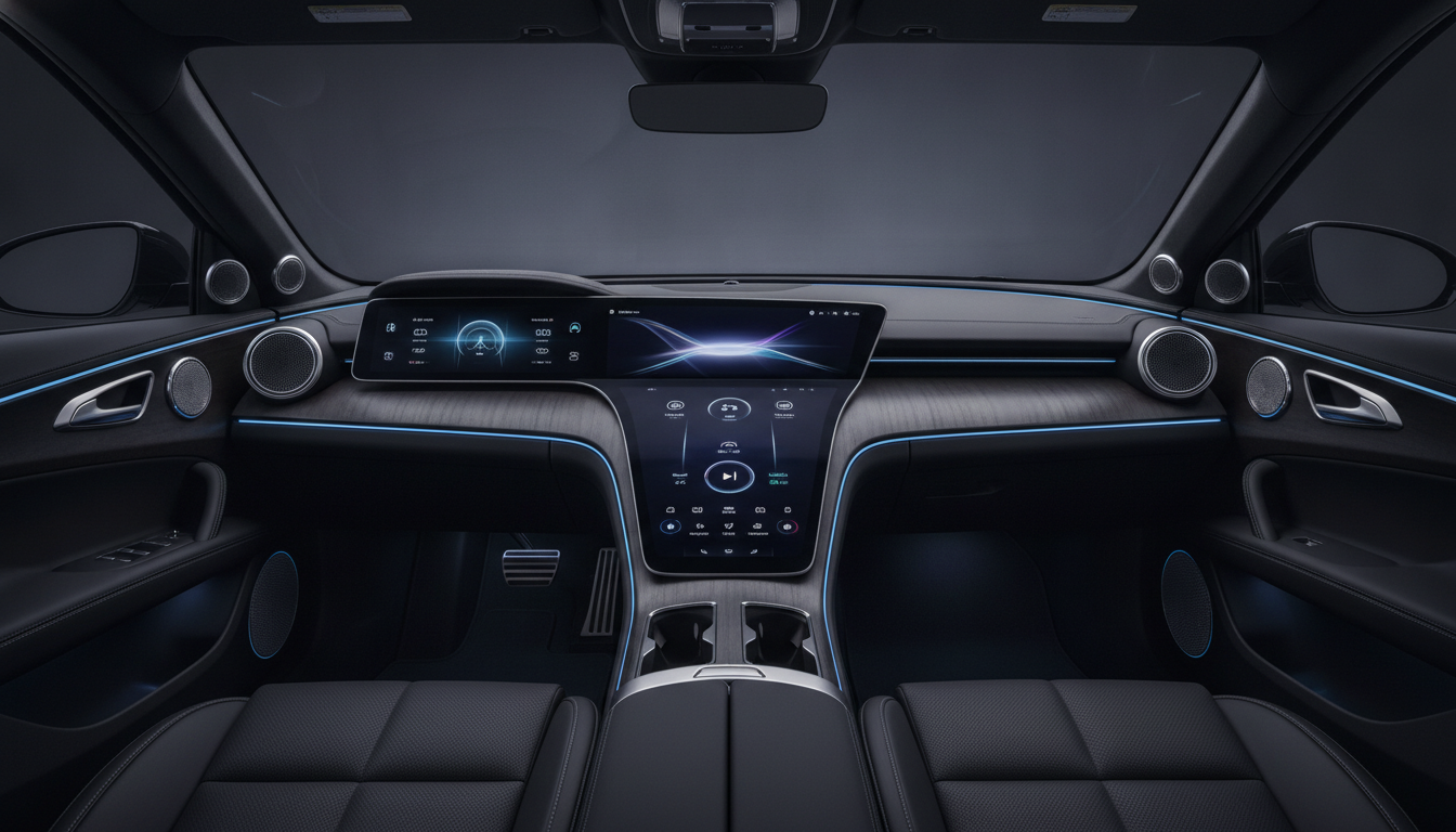 Interior mobil modern dengan head unit canggih dan speaker audio premium.