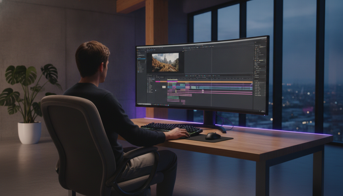 Tampilan monitor komputer menunjukkan antarmuka software editing video dengan timeline klip dan berbagai elemen media.