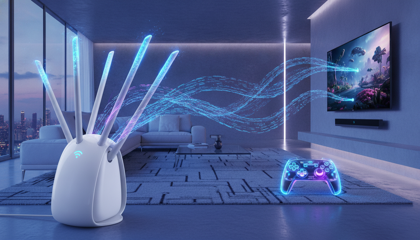 Router WiFi modern dengan sinyal digital memancar ke arah konsol game dan smart TV.