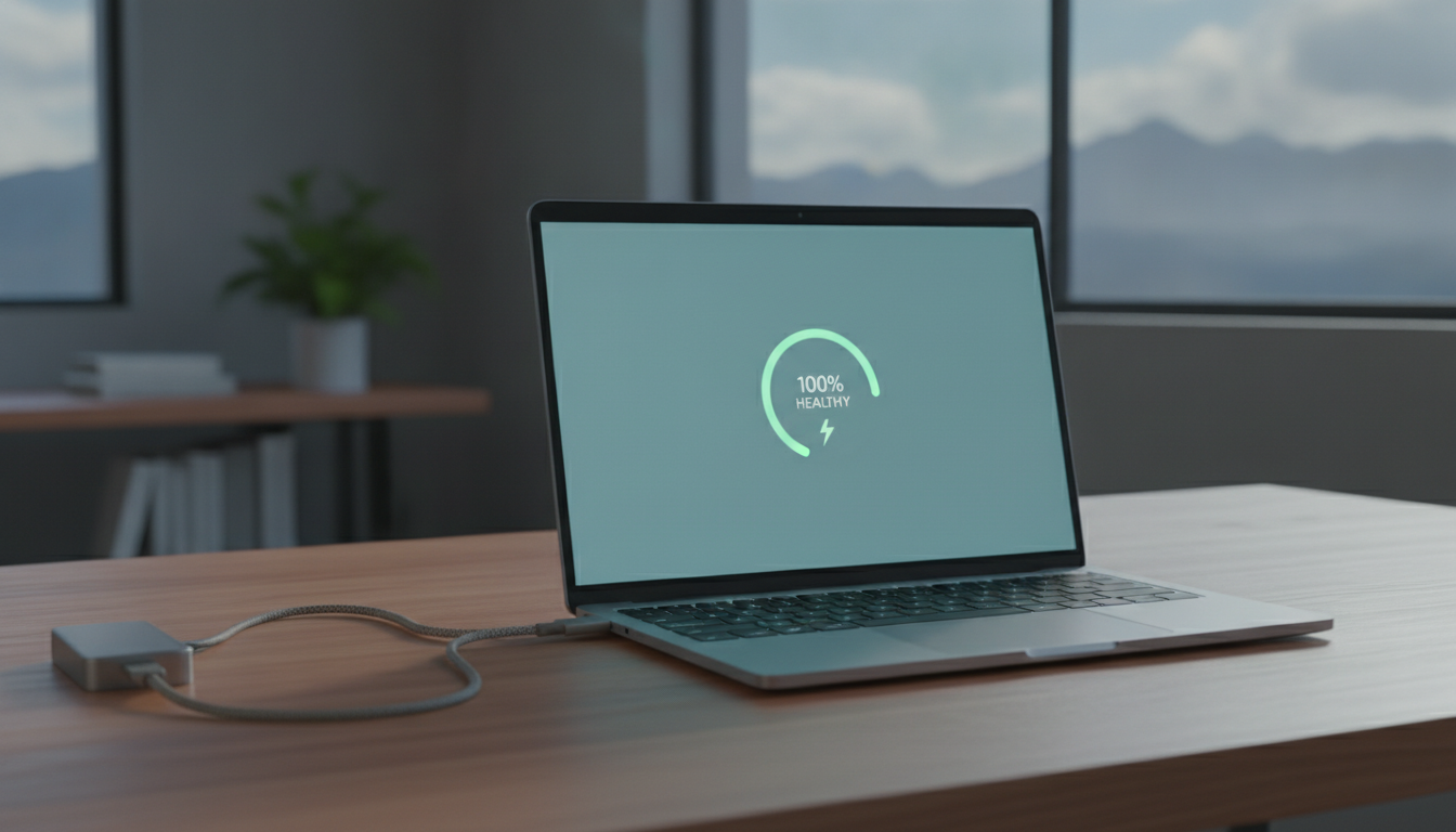 Sebuah laptop modern sedang mengisi daya di atas meja kayu, dengan ikon kesehatan baterai di layar.