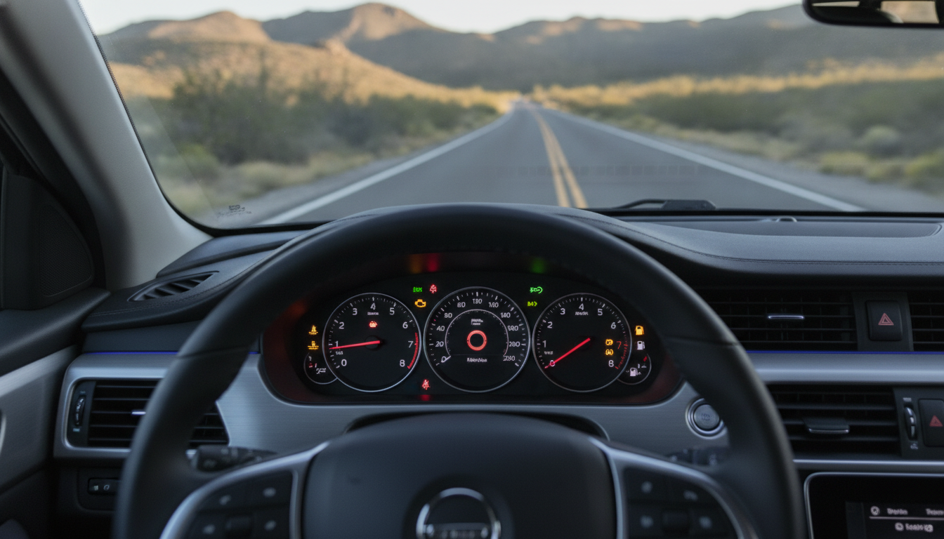 Dashboard mobil dengan beberapa lampu indikator menyala, menunjukkan tanda peringatan dan informasi penting.