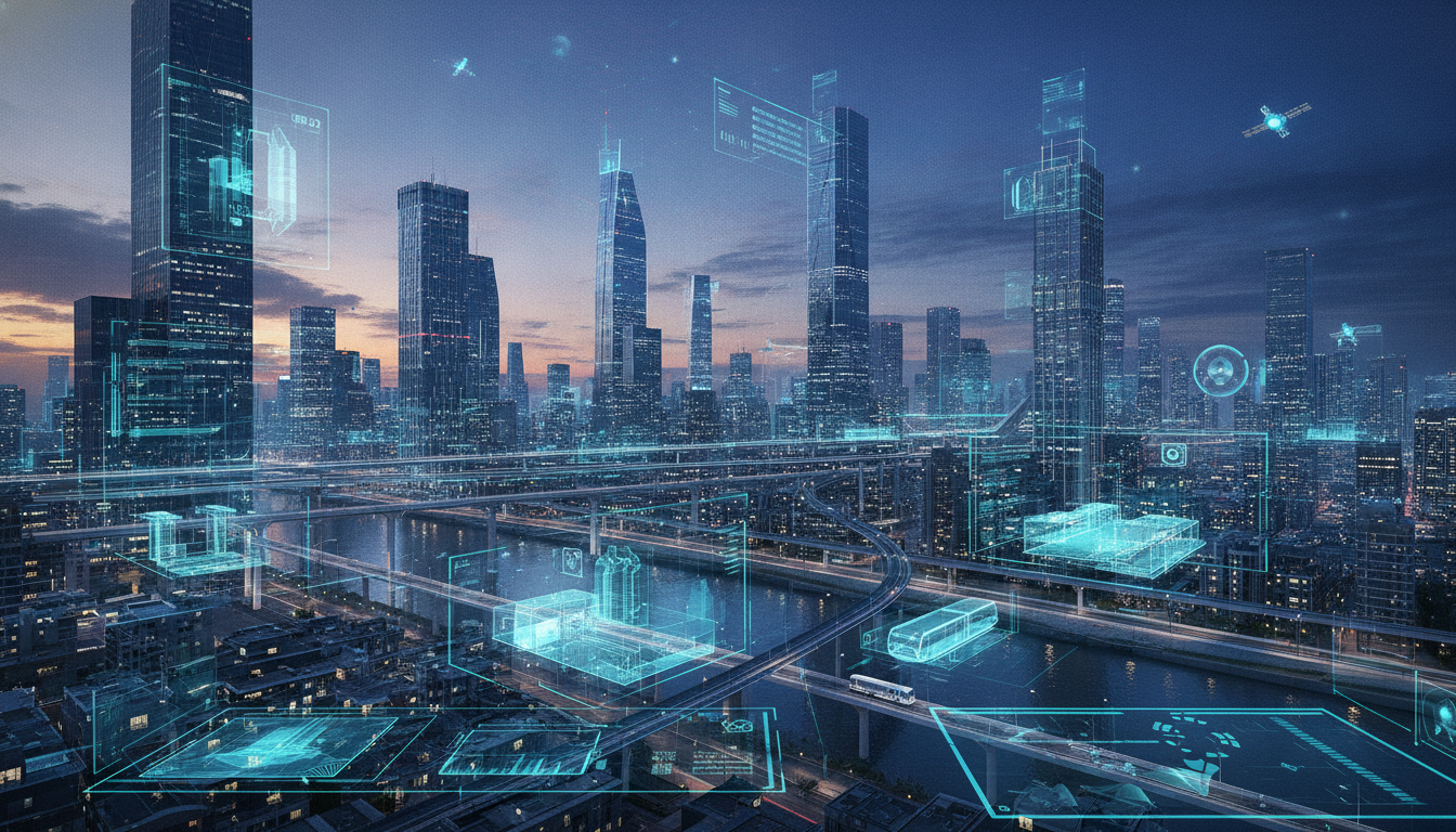 Sebuah kota futuristik dengan lapisan digital yang menampilkan informasi dan model 3D di atas bangunan dan jalan, menunjukkan teknologi augmented reality yang terintegrasi.