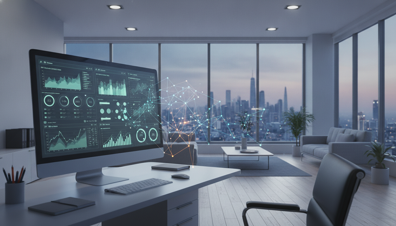 Visualisasi data kompleks pada layar komputer dalam lingkungan kantor bisnis kecil, dihiasi elemen abstrak AI.
