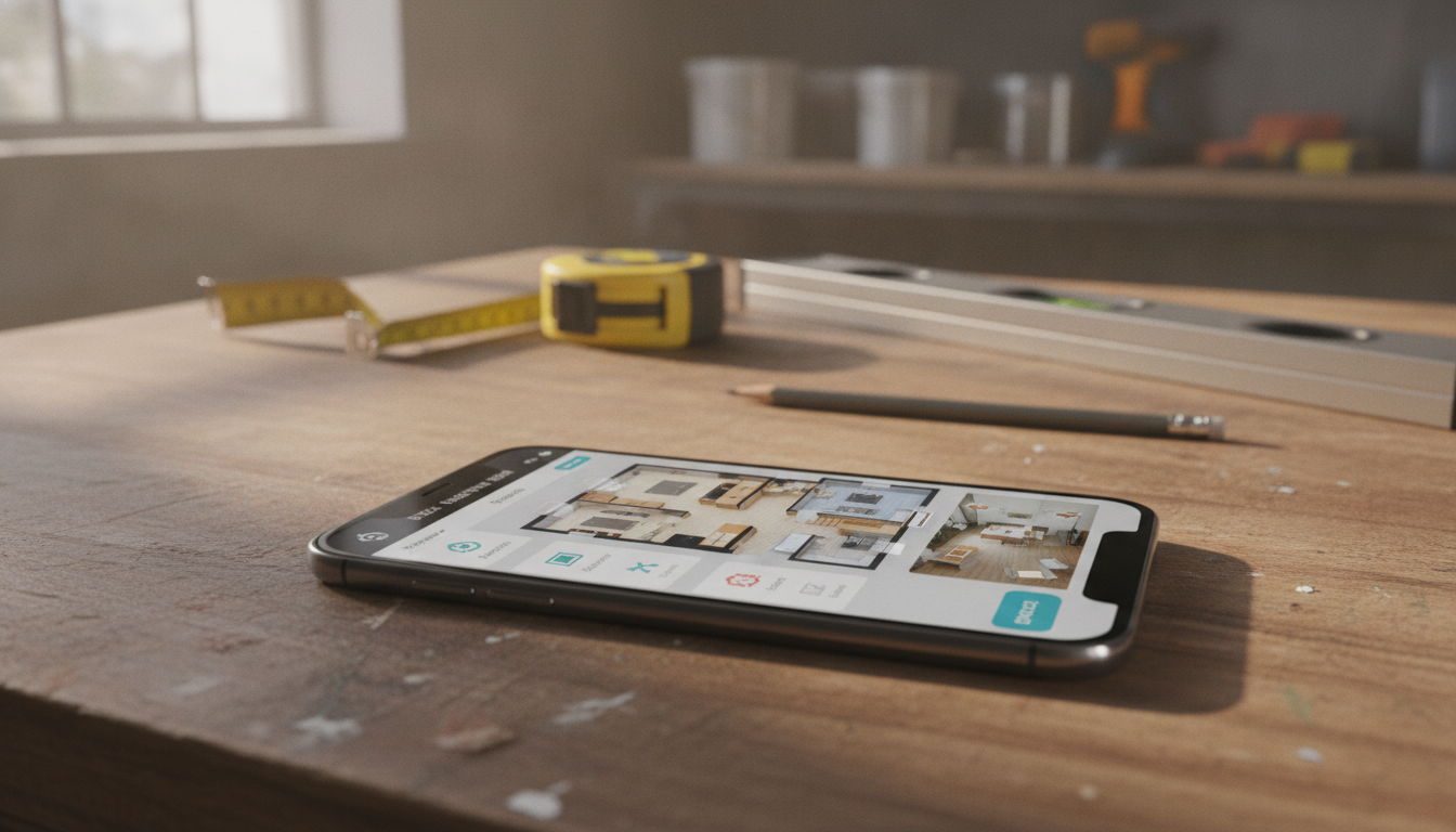 Smartphone menampilkan aplikasi perencanaan renovasi rumah di meja kerja dengan alat DIY.