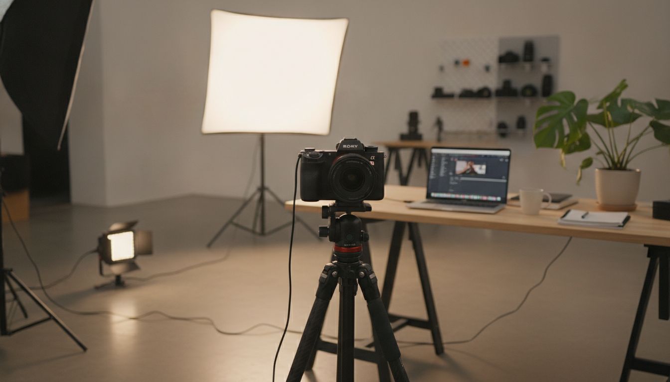 Sebuah kamera mirrorless modern di atas tripod di studio dengan pencahayaan profesional, siap untuk pengambilan konten.