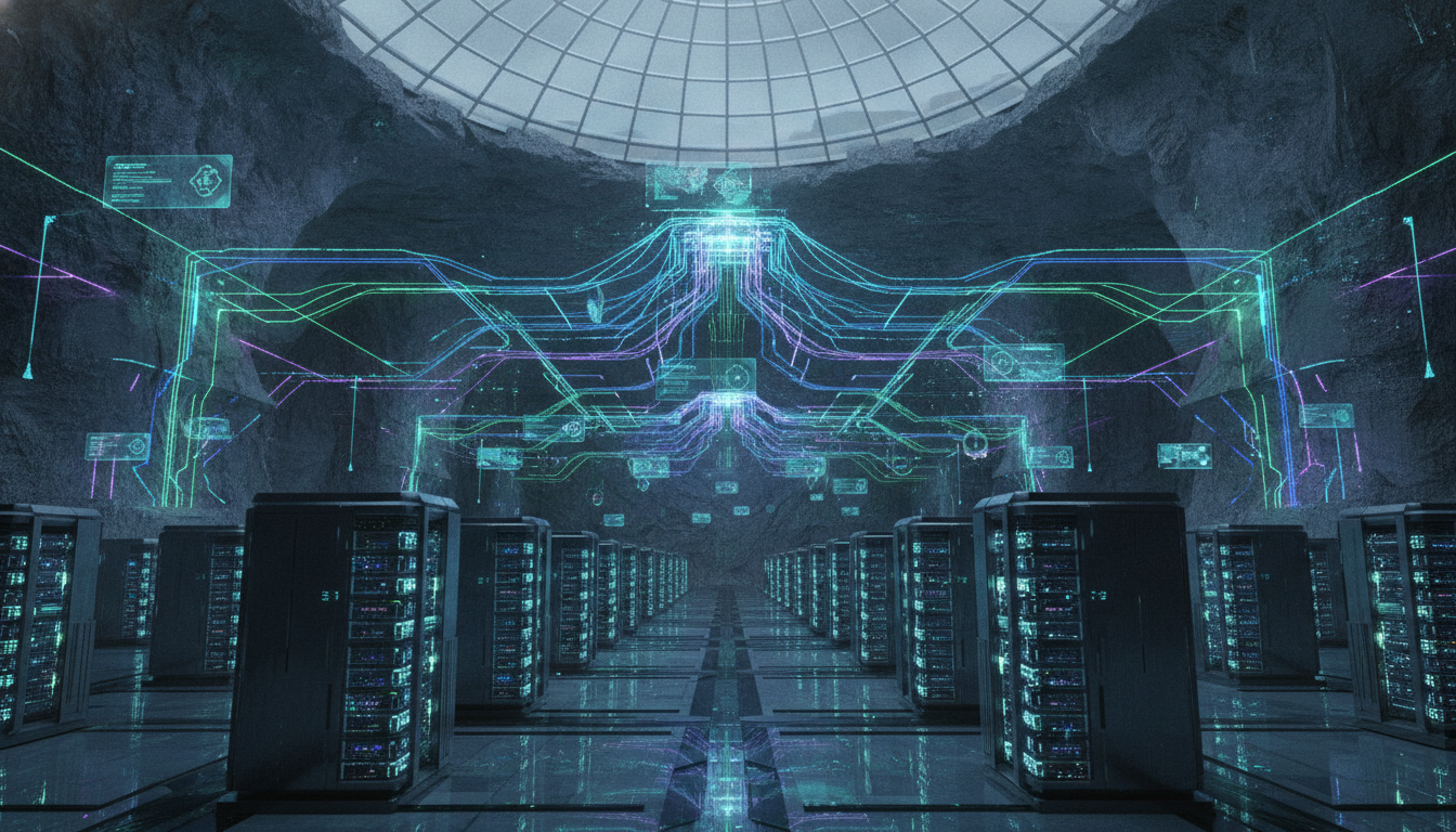 Pusat data modern dengan server menyala dan jaringan terkoneksi, melambangkan penyimpanan awan yang efisien dan aman.