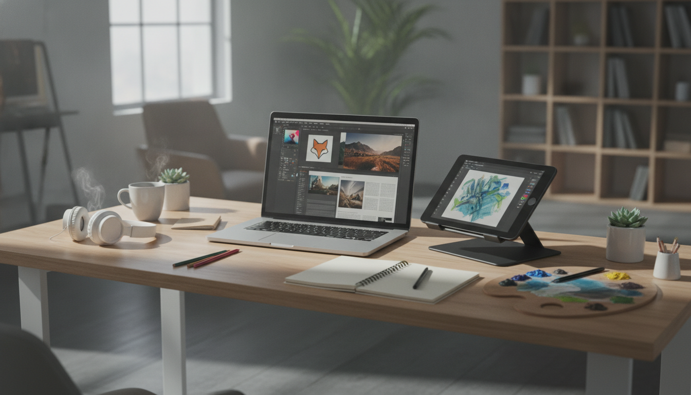 Meja kerja modern dengan laptop menampilkan aplikasi desain grafis, tablet, dan peralatan kreatif untuk kreasi konten digital.