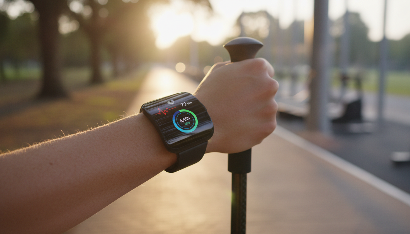 Smartwatch modern di pergelangan tangan menampilkan data kesehatan di tengah aktivitas fisik.