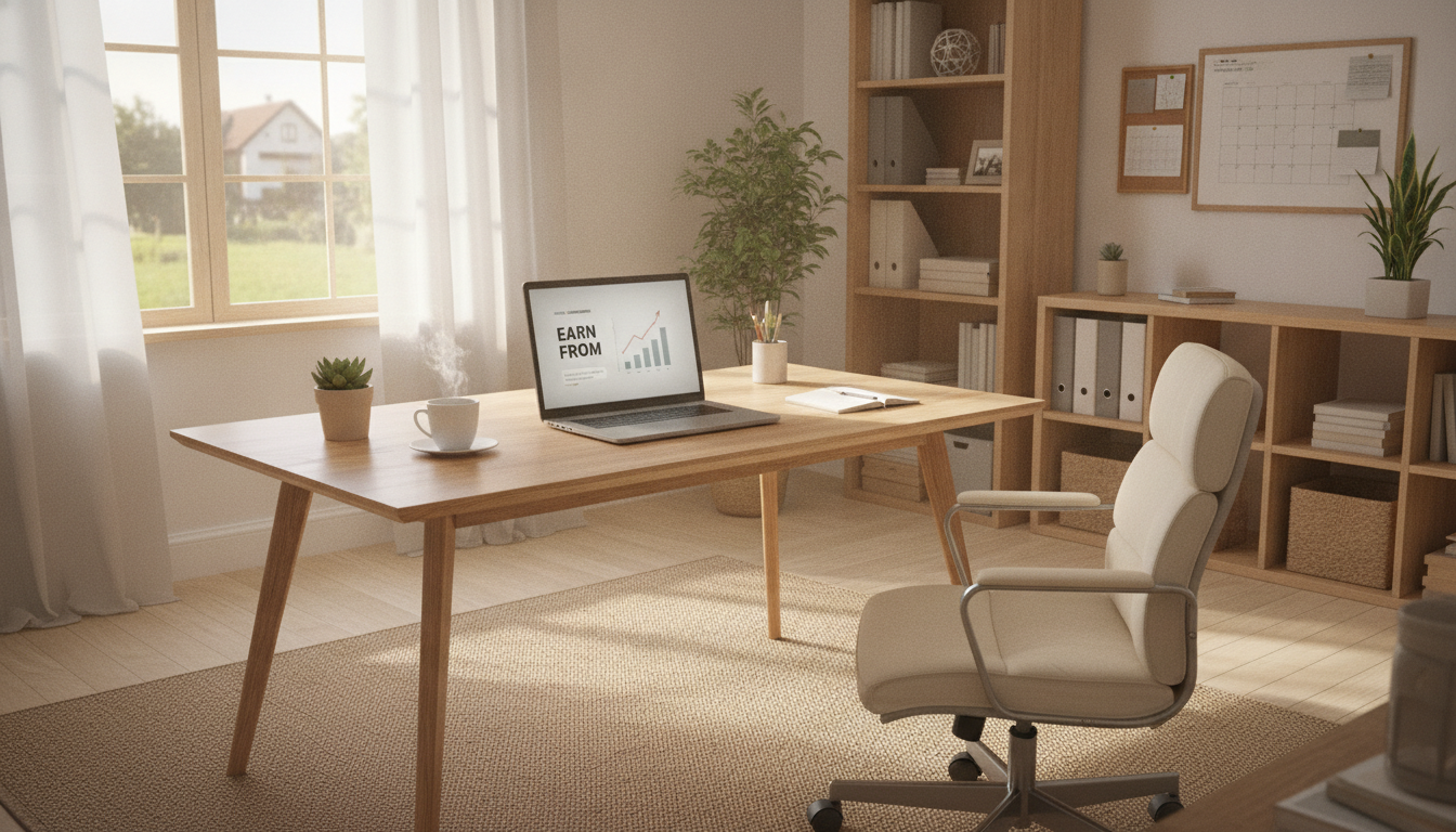 Sebuah meja kerja di rumah dengan laptop terbuka, secangkir kopi, dan tanaman hias, menunjukkan ide bisnis online yang dapat dijalankan dari rumah.
