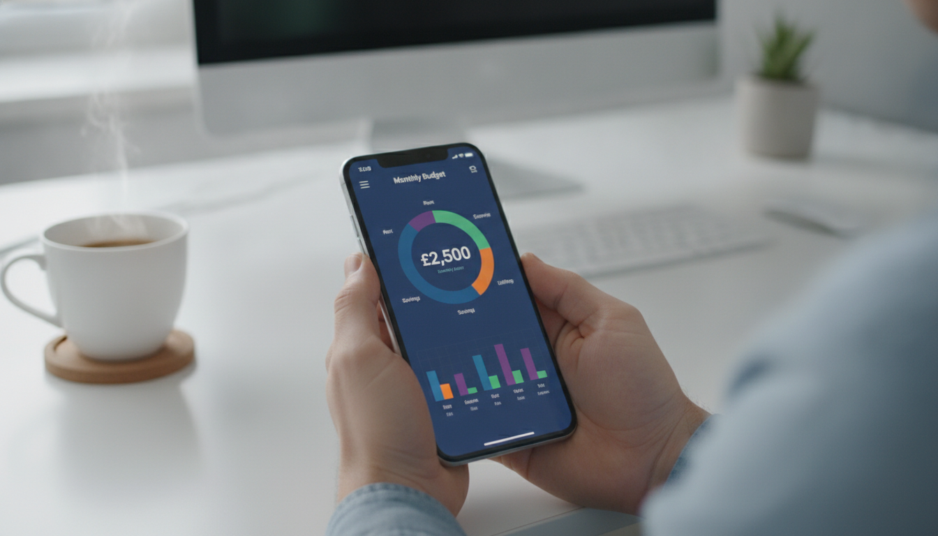 Layar smartphone menampilkan aplikasi budgeting dengan grafik dan angka yang jelas, di atas meja kerja modern.
